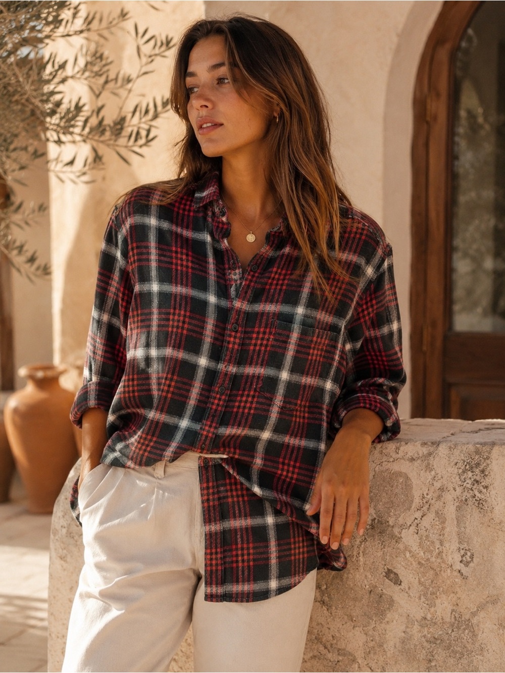 919. Relaxed Plaid Button-Up Shirt in Black & Red - Picture 1 of 4